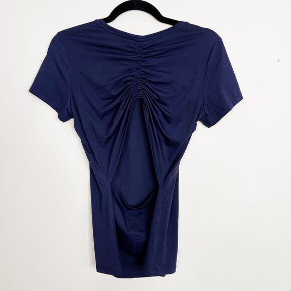 Athleta Encore Tee Ruched Open Back Navy Blue Short Sleeve XSmall XS Crew Neck - Picture 2 of 10